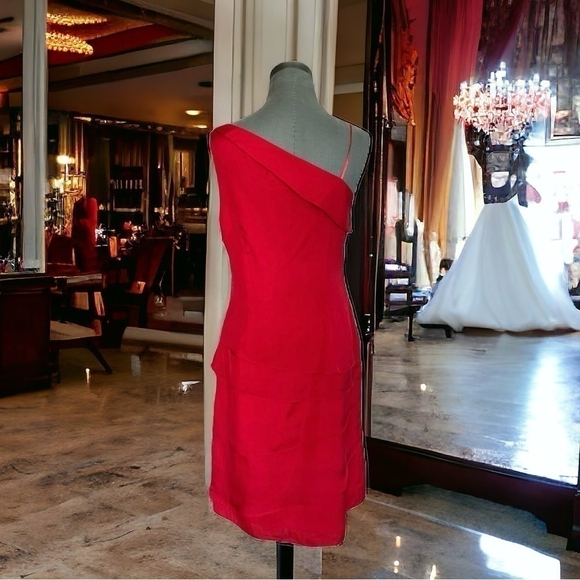 Women’s Dress Vintage Papell Boutique Evening Red Silk One Shoulder Ruffle Dress - Picture 2 of 8